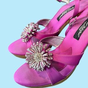 Betsey Johnson Pink Satin Heels with Rhinestone Starburst